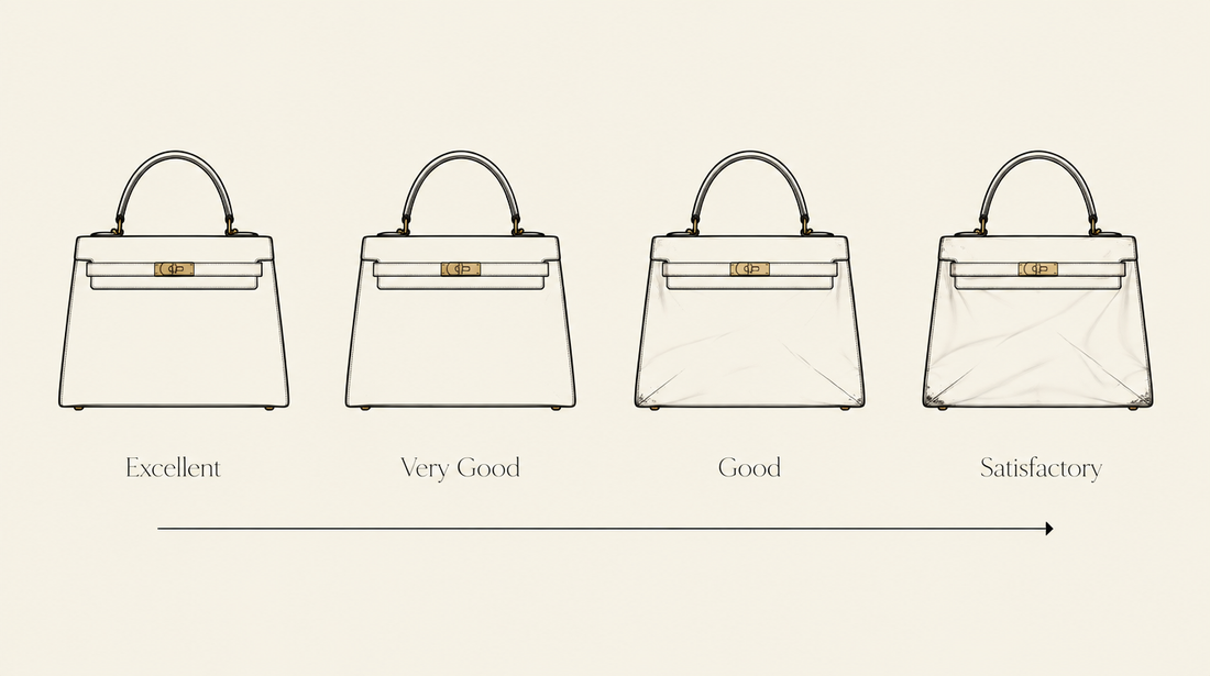 Diagram showing four handbag condition grades from Excellent to Satisfactory