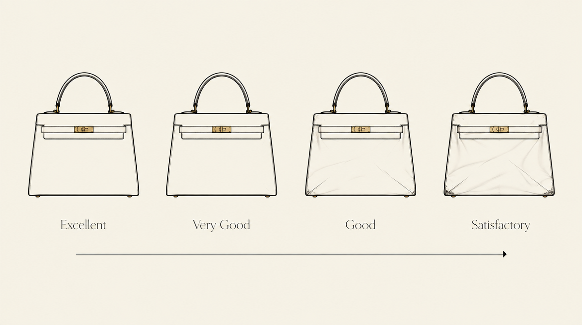 Diagram showing four handbag condition grades from Excellent to Satisfactory