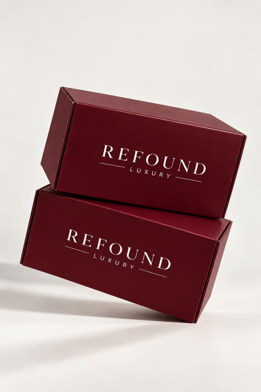 Two stacked burgundy Refound Luxury gift boxes