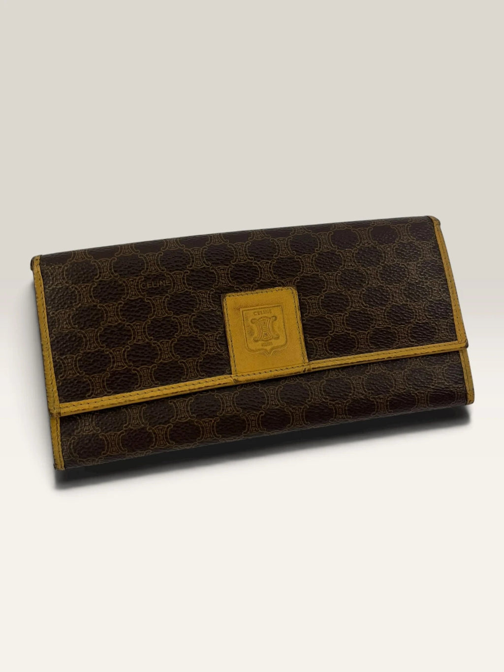 CELINE brown tan long wallet purse with Triomphe monogram and leather trim