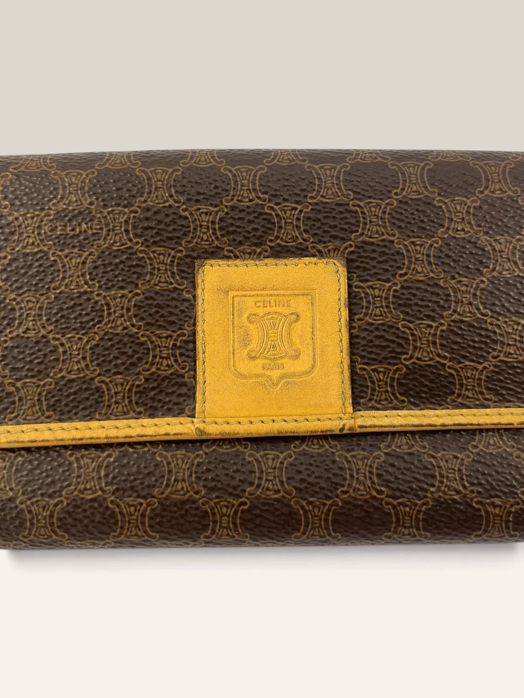 CELINE brown tan long wallet purse with Triomphe monogram and leather trim
