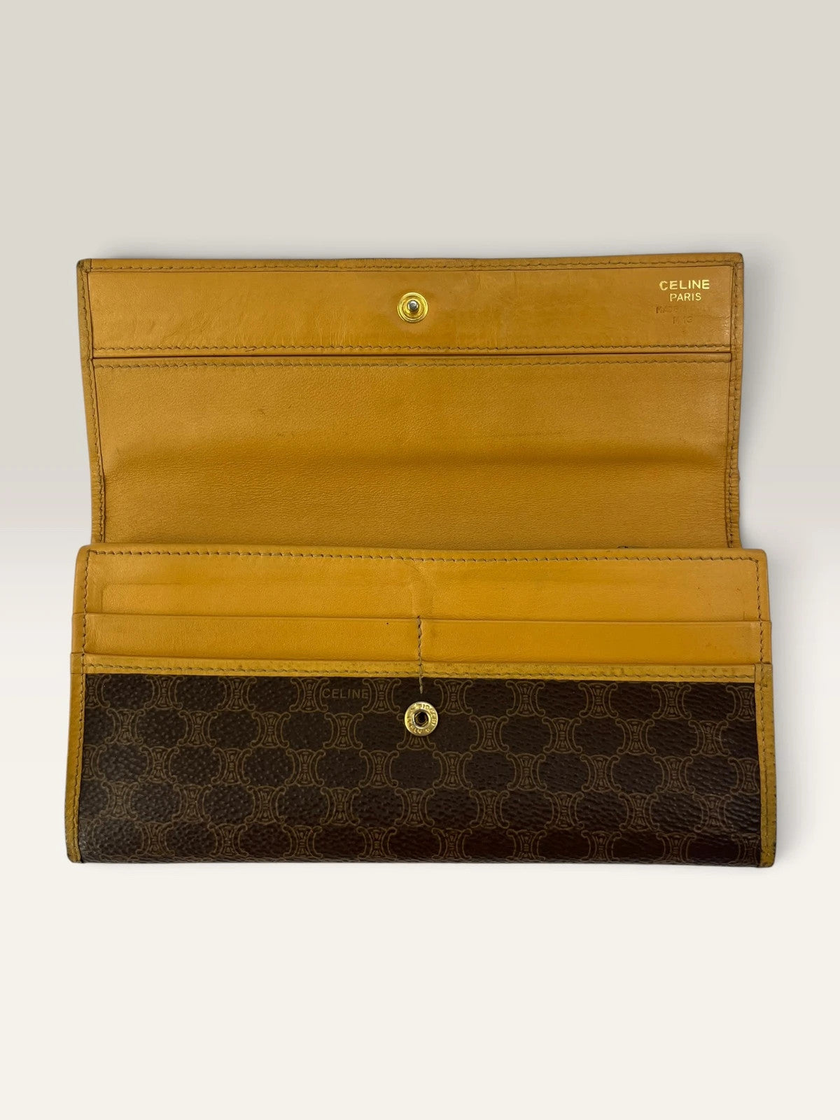 CELINE brown tan long wallet purse with Triomphe monogram and leather trim