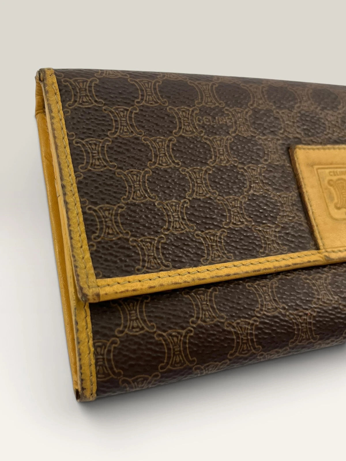 CELINE brown tan long wallet purse with Triomphe monogram and leather trim