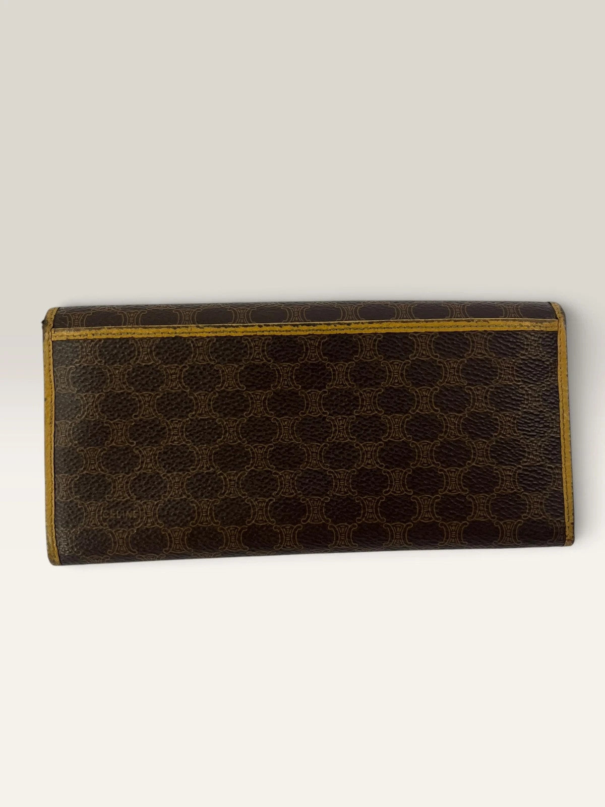 CELINE brown tan long wallet purse with Triomphe monogram and leather trim
