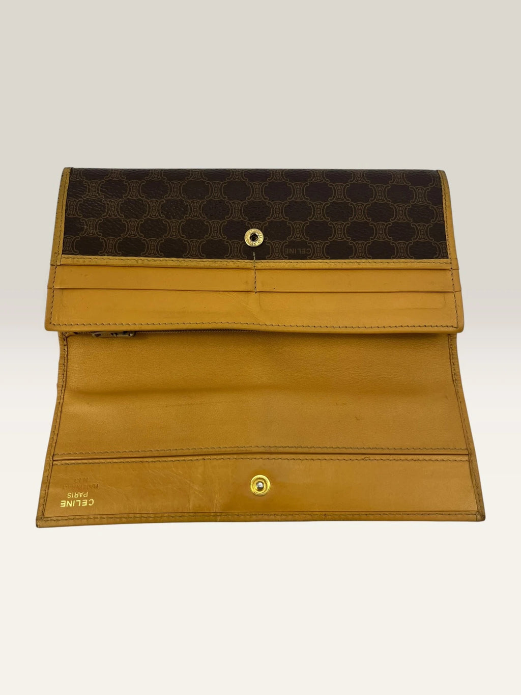CELINE brown tan long wallet purse with Triomphe monogram and leather trim