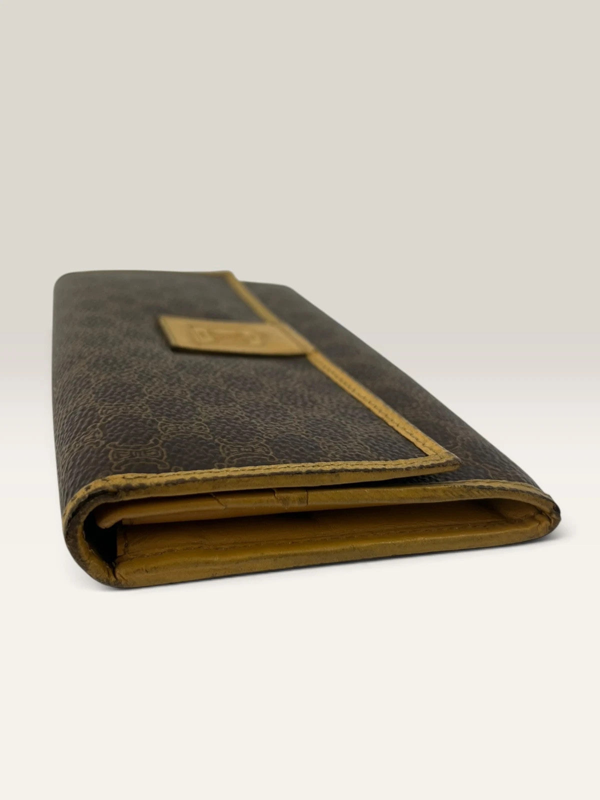 CELINE brown tan long wallet purse with Triomphe monogram and leather trim