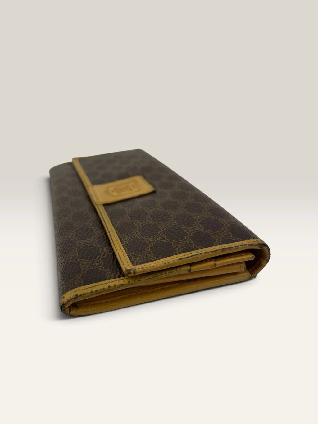 CELINE brown tan long wallet purse with Triomphe monogram and leather trim