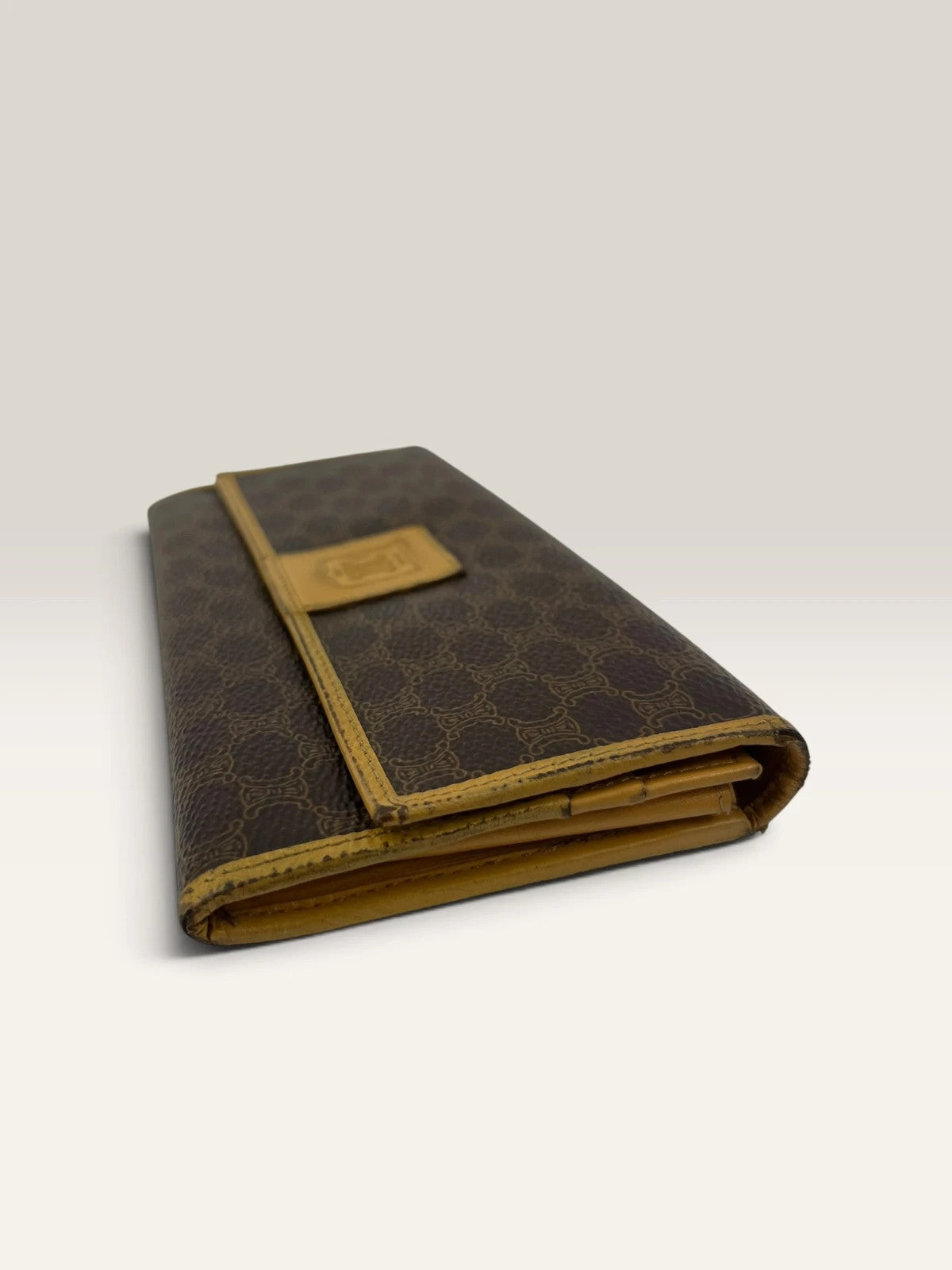 CELINE brown tan long wallet purse with Triomphe monogram and leather trim
