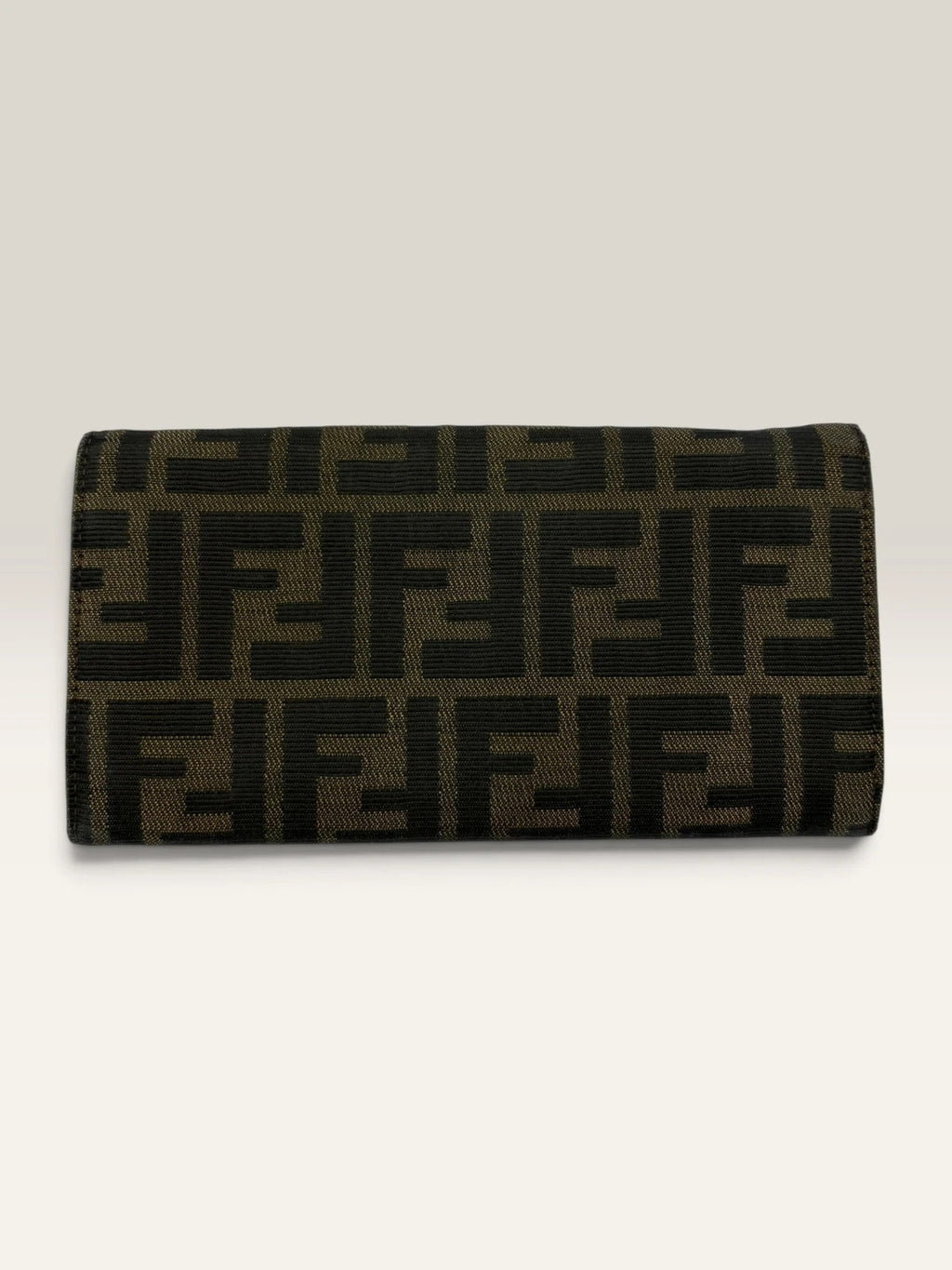 Fendi brown long wallet with Zucca FF monogram canvas and oversized logo buckle.