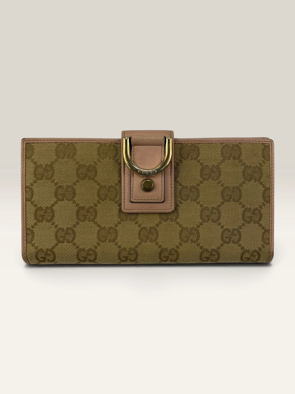 Gucci beige pink long wallet GG canvas with gold-tone Horsebit clasp and leather trim.