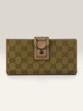 Gucci beige pink long wallet GG canvas with gold-tone Horsebit clasp and leather trim.
