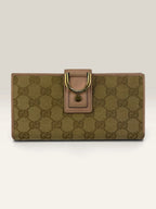 Gucci beige pink long wallet GG canvas with gold-tone Horsebit clasp and leather trim.