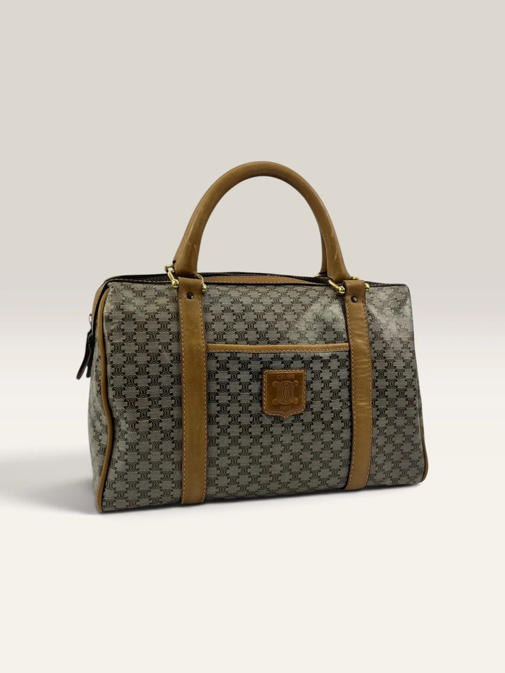 CELINE duffel bag brown grey Macadam monogram pattern, vintage canvas with metal studs.