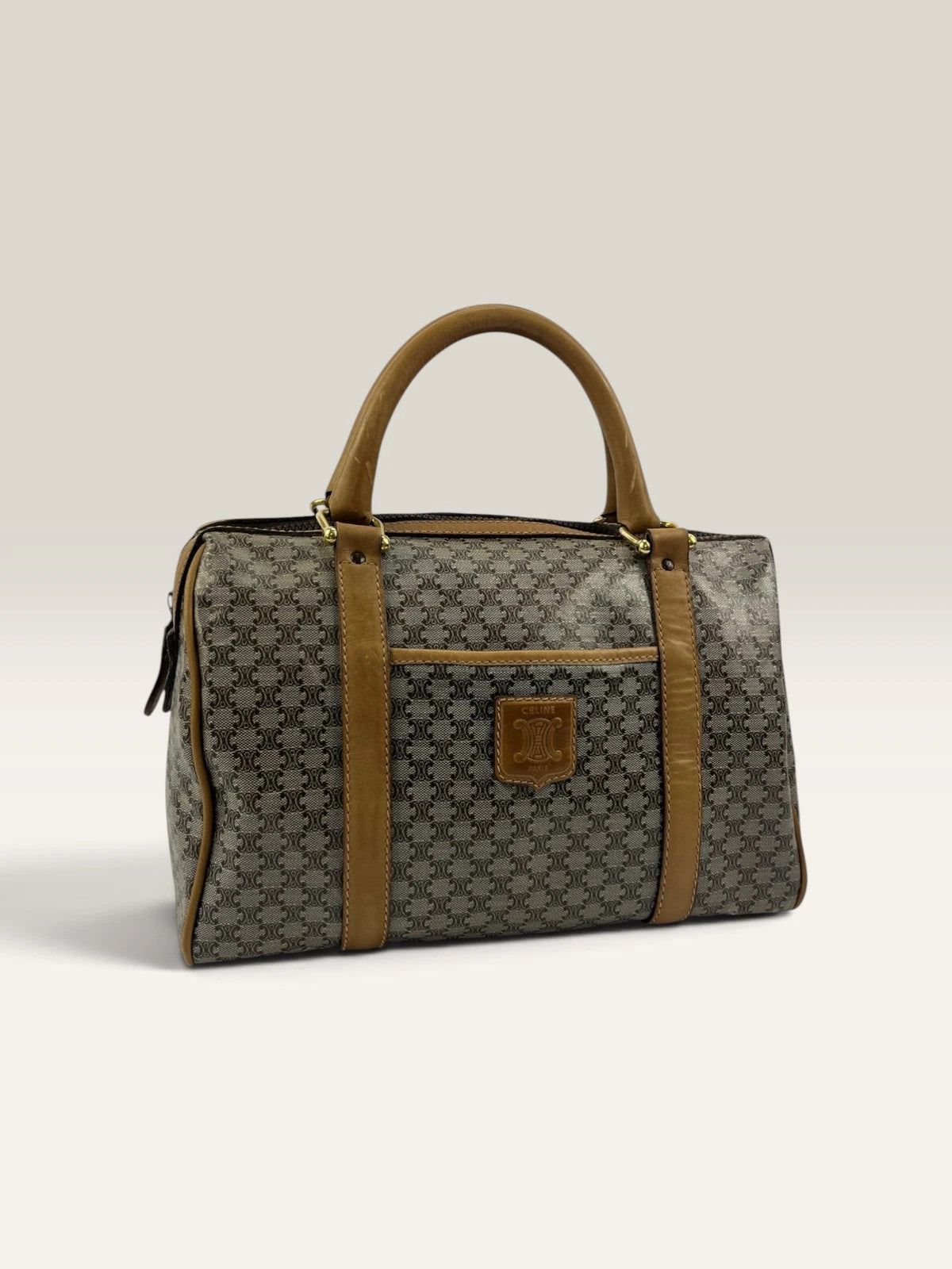 CELINE duffel bag brown grey Macadam monogram pattern, vintage canvas with metal studs.