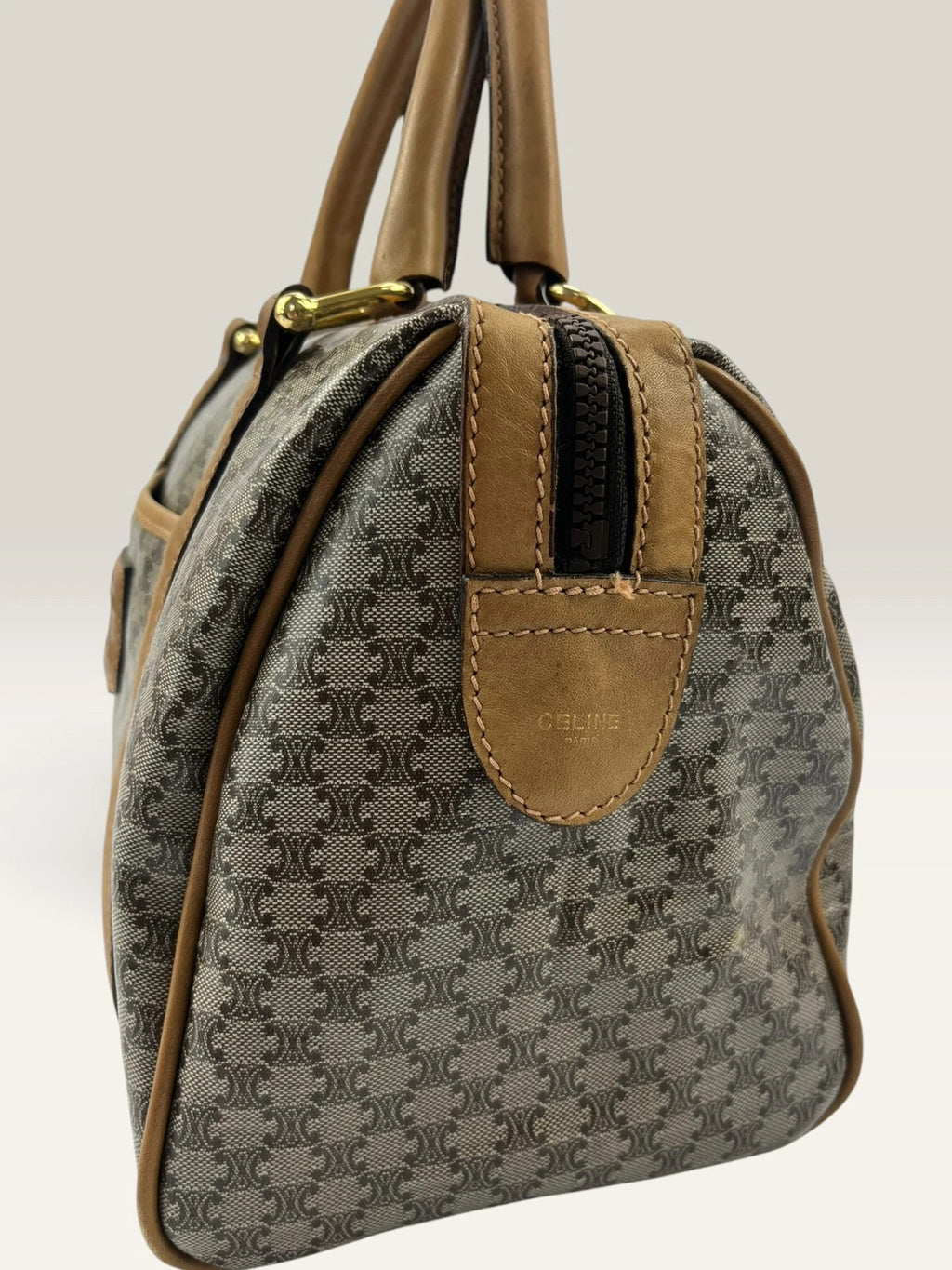 CELINE duffel bag brown grey Macadam monogram pattern, vintage canvas with metal studs.