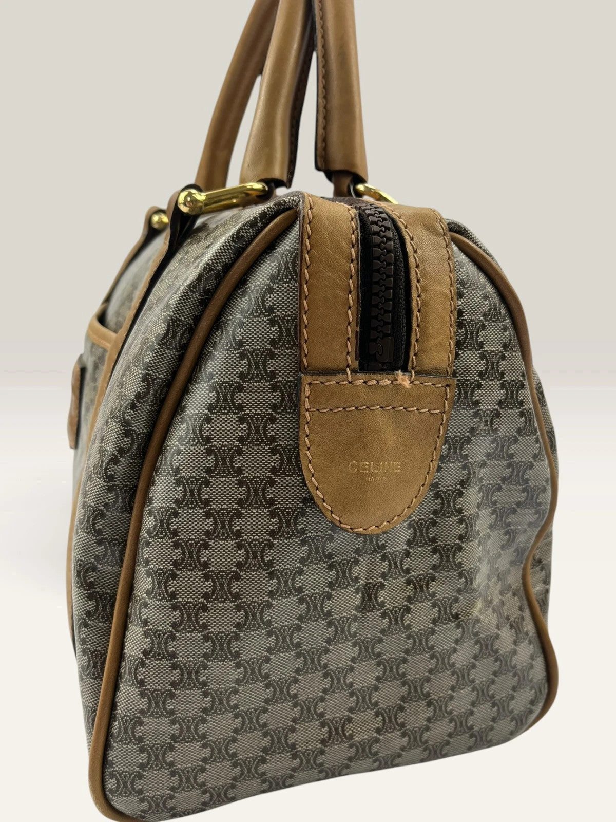 CELINE duffel bag brown grey Macadam monogram pattern, vintage canvas with metal studs.