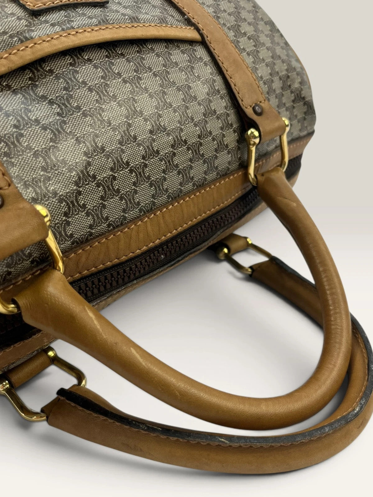 CELINE duffel bag brown grey Macadam monogram pattern, vintage canvas with metal studs.
