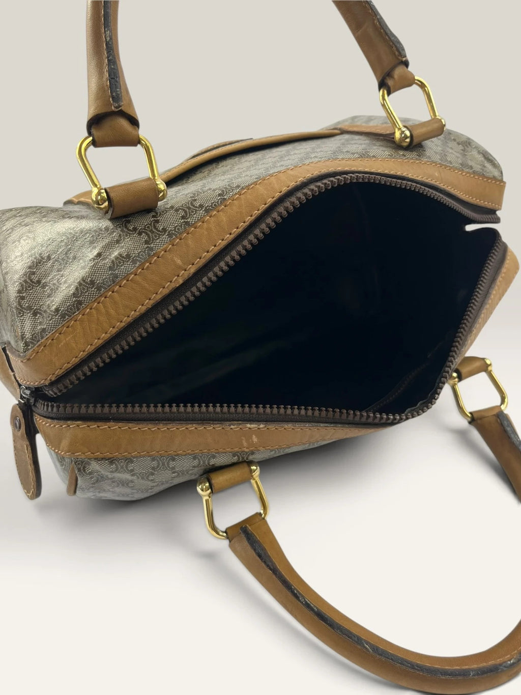 CELINE duffel bag brown grey Macadam monogram pattern, vintage canvas with metal studs.