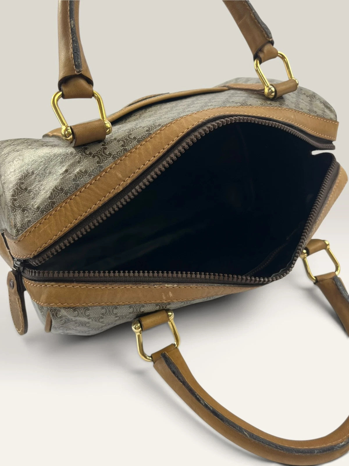 CELINE duffel bag brown grey Macadam monogram pattern, vintage canvas with metal studs.