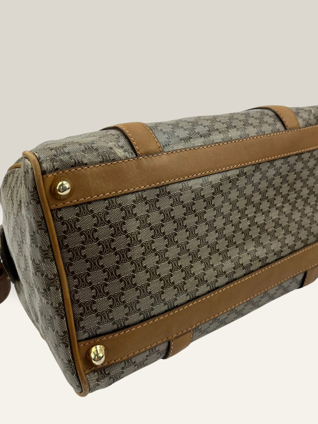 CELINE duffel bag brown grey Macadam monogram pattern, vintage canvas with metal studs.