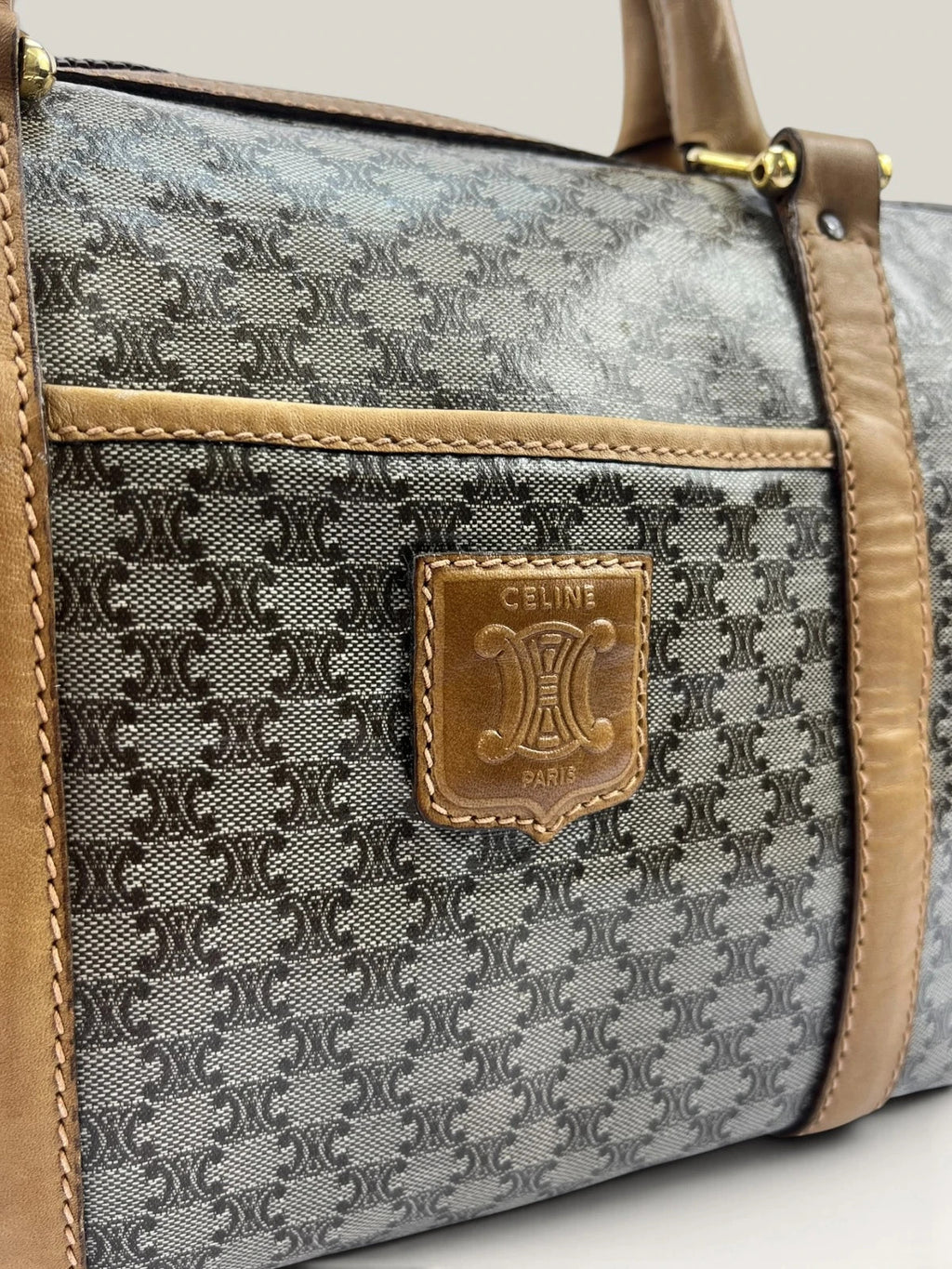 CELINE duffel bag brown grey Macadam monogram pattern, vintage canvas with metal studs.