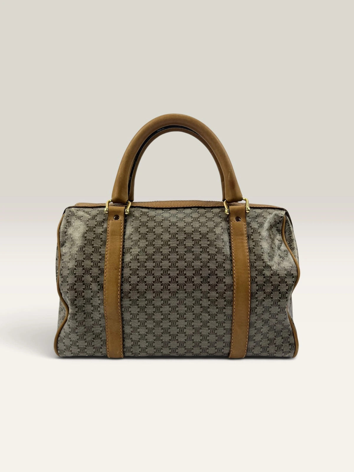 CELINE duffel bag brown grey Macadam monogram pattern, vintage canvas with metal studs.