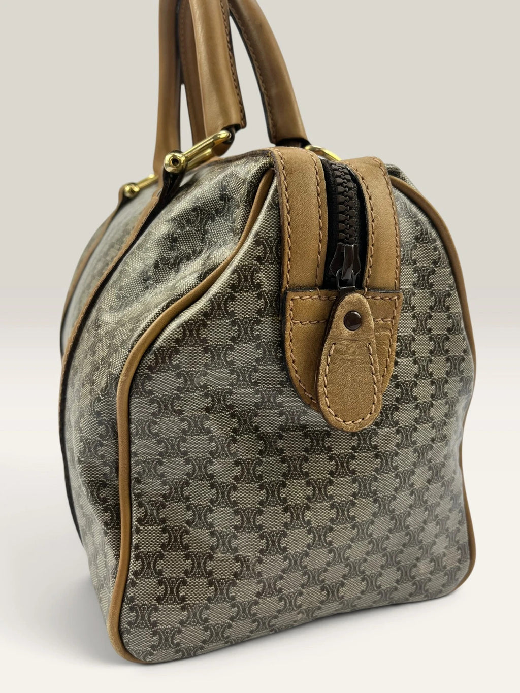 CELINE duffel bag brown grey Macadam monogram pattern, vintage canvas with metal studs.