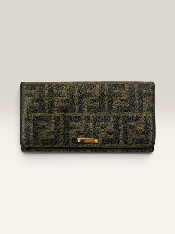 Fendi brown long wallet purse with Zucca FF monogram and gold-tone logo hardware.