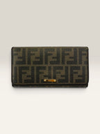 Fendi brown long wallet purse with Zucca FF monogram and gold-tone logo hardware.
