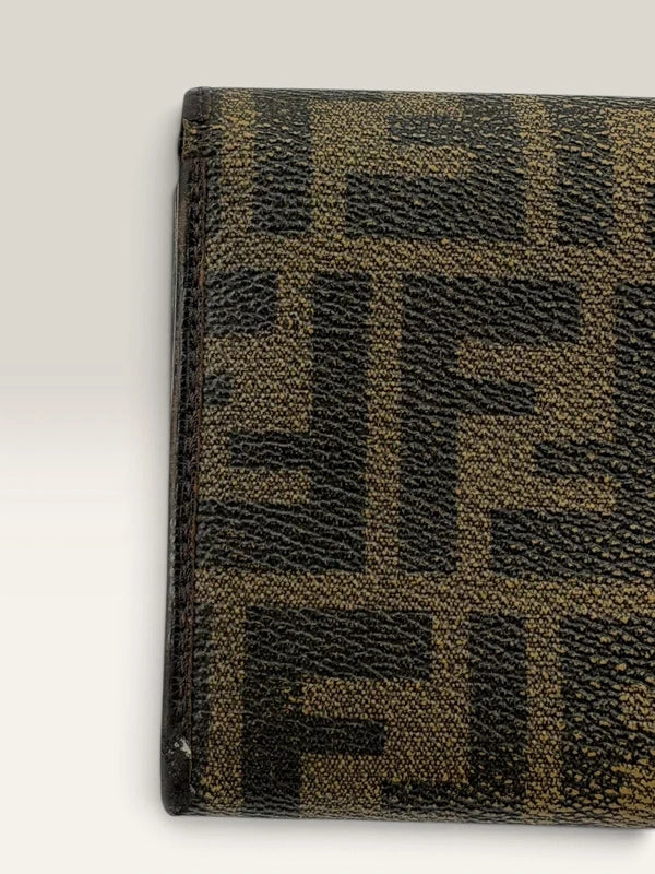 Fendi brown long wallet purse with Zucca FF monogram and gold-tone logo hardware.
