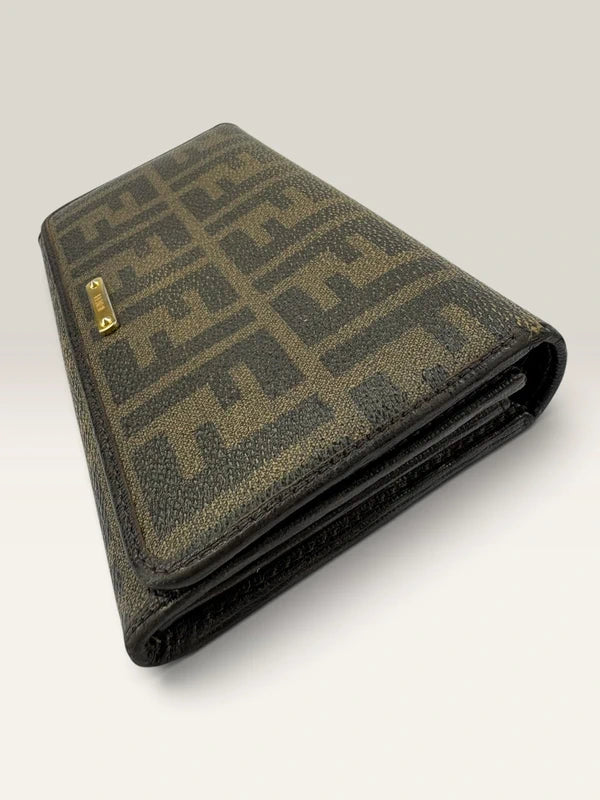 Fendi brown long wallet purse with Zucca FF monogram and gold-tone logo hardware.