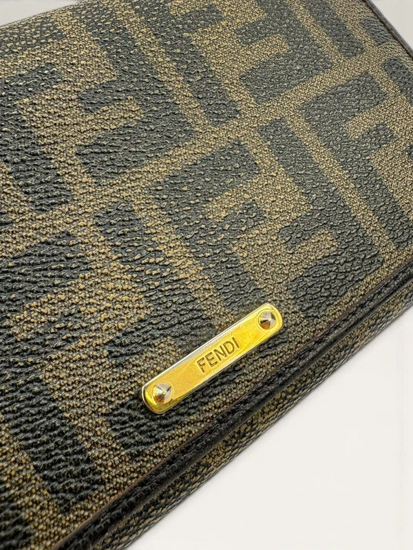 Fendi brown long wallet purse with Zucca FF monogram and gold-tone logo hardware.