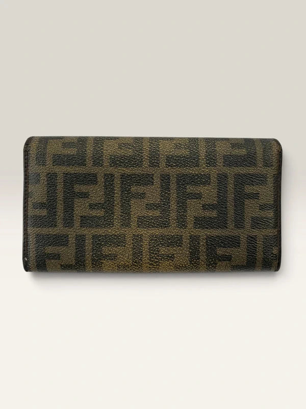 Fendi brown long wallet purse with Zucca FF monogram and gold-tone logo hardware.