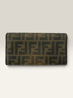 Fendi brown long wallet purse with Zucca FF monogram and gold-tone logo hardware.