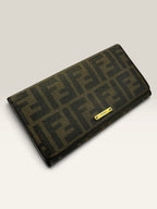 Fendi brown long wallet purse with Zucca FF monogram and gold-tone logo hardware.