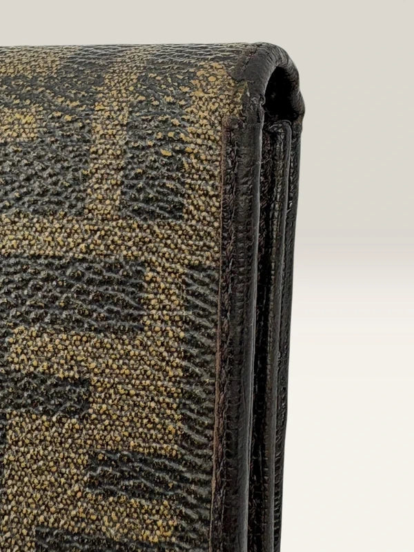 Fendi brown long wallet purse with Zucca FF monogram and gold-tone logo hardware.