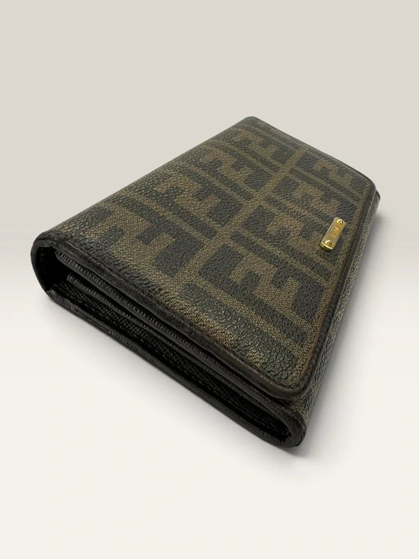 Fendi brown long wallet purse with Zucca FF monogram and gold-tone logo hardware.
