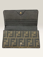 Fendi brown long wallet purse with Zucca FF monogram and gold-tone logo hardware.