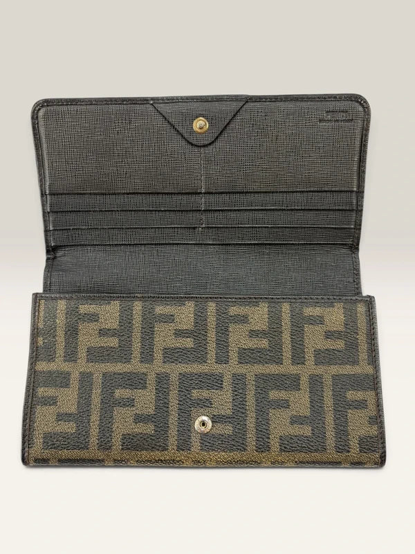 Fendi brown long wallet purse with Zucca FF monogram and gold-tone logo hardware.