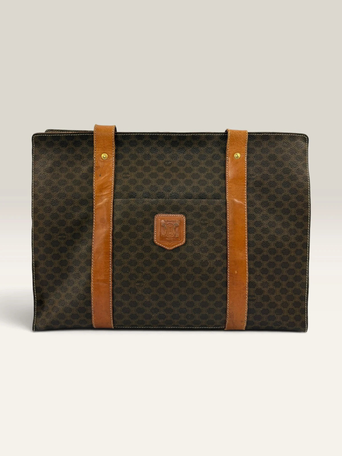 CELINE brown tan tote bag Macadam canvas with Triomphe logo and leather trim