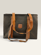 CELINE brown tan tote bag Macadam canvas with Triomphe logo and leather trim