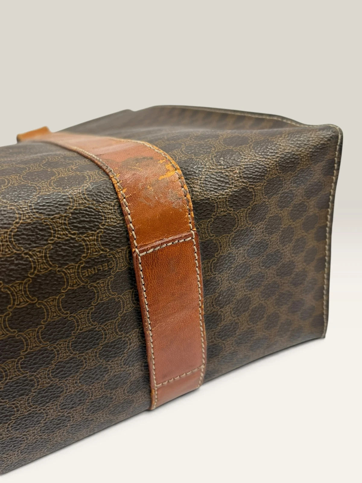 CELINE brown tan tote bag Macadam canvas with Triomphe logo and leather trim