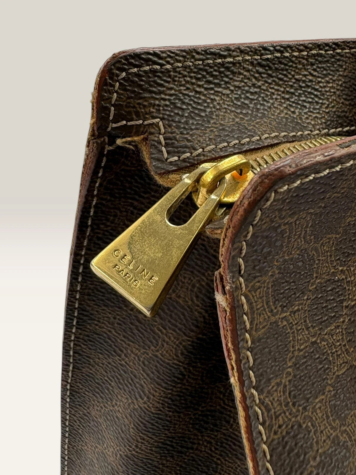 CELINE brown tan tote bag Macadam canvas with Triomphe logo and leather trim