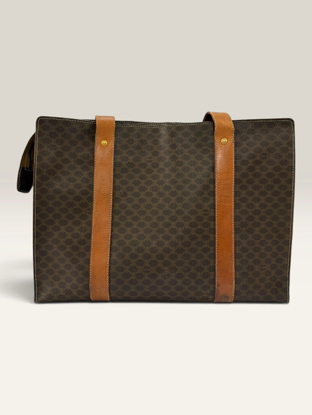 CELINE brown tan tote bag Macadam canvas with Triomphe logo and leather trim