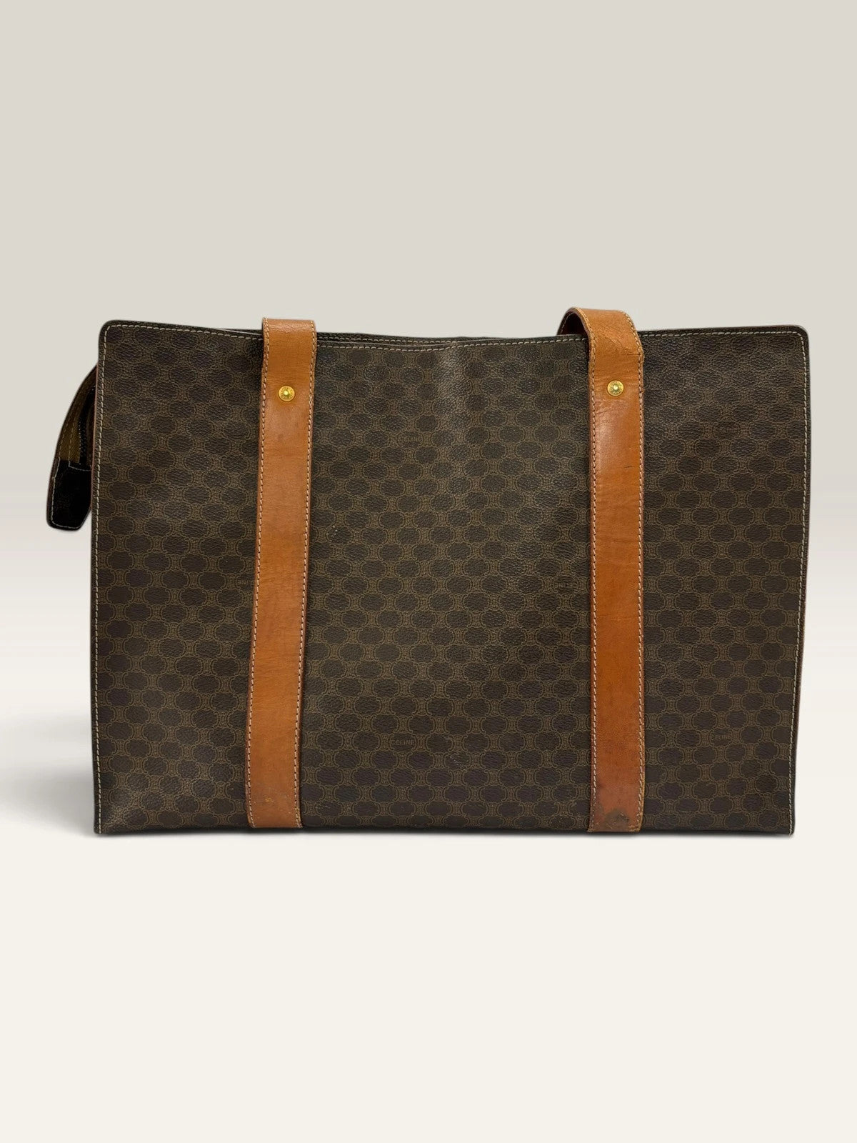 CELINE brown tan tote bag Macadam canvas with Triomphe logo and leather trim