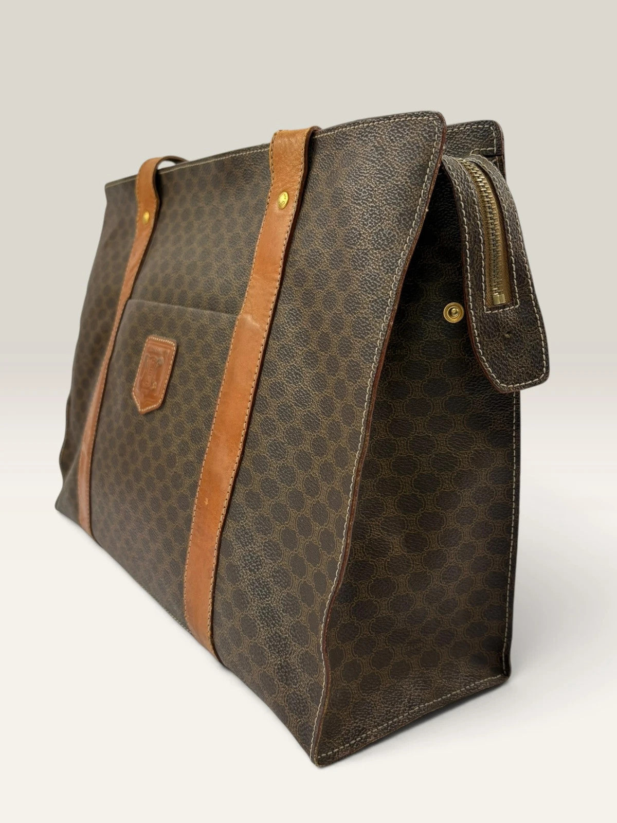 CELINE brown tan tote bag Macadam canvas with Triomphe logo and leather trim