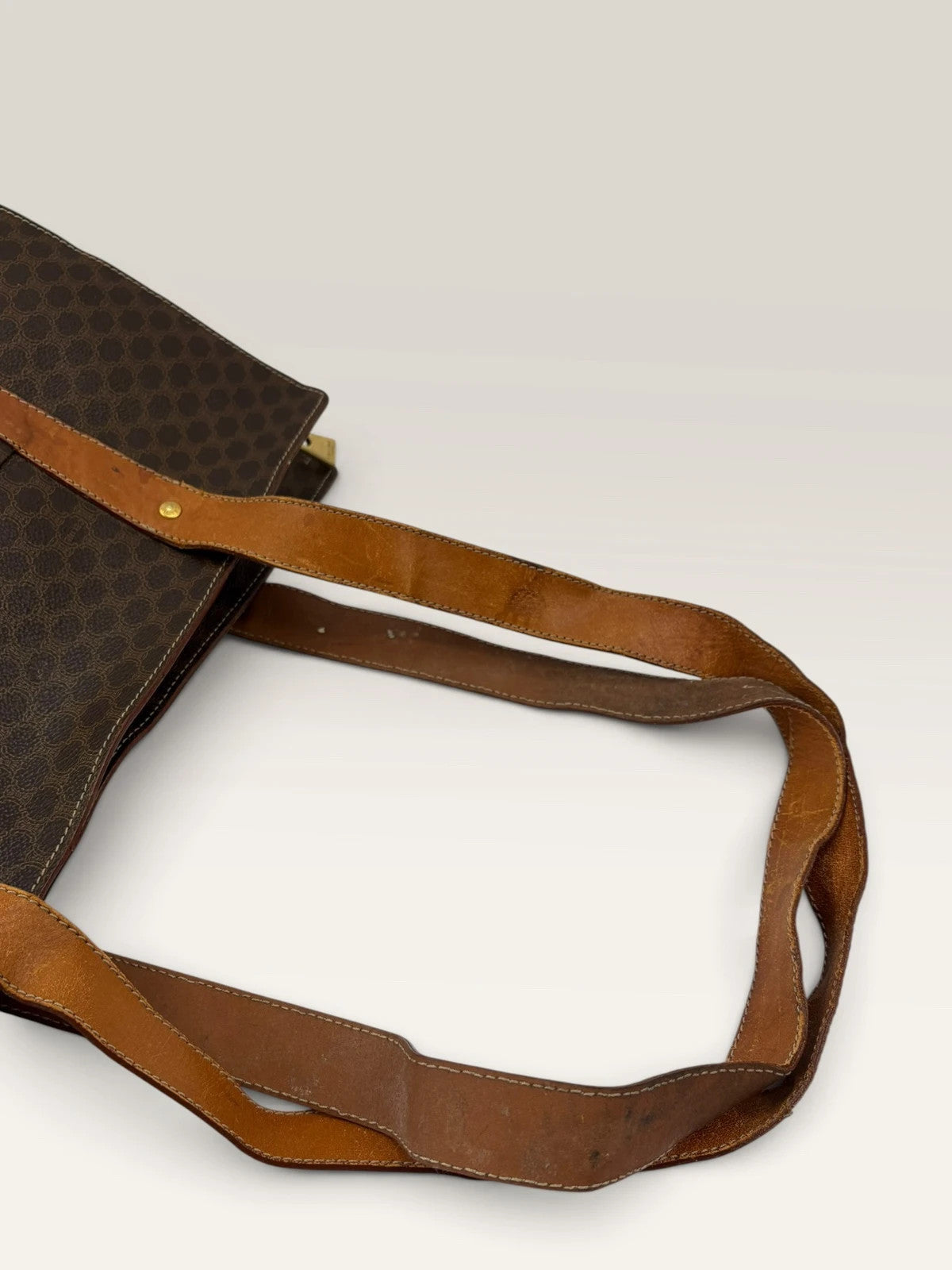 CELINE brown tan tote bag Macadam canvas with Triomphe logo and leather trim