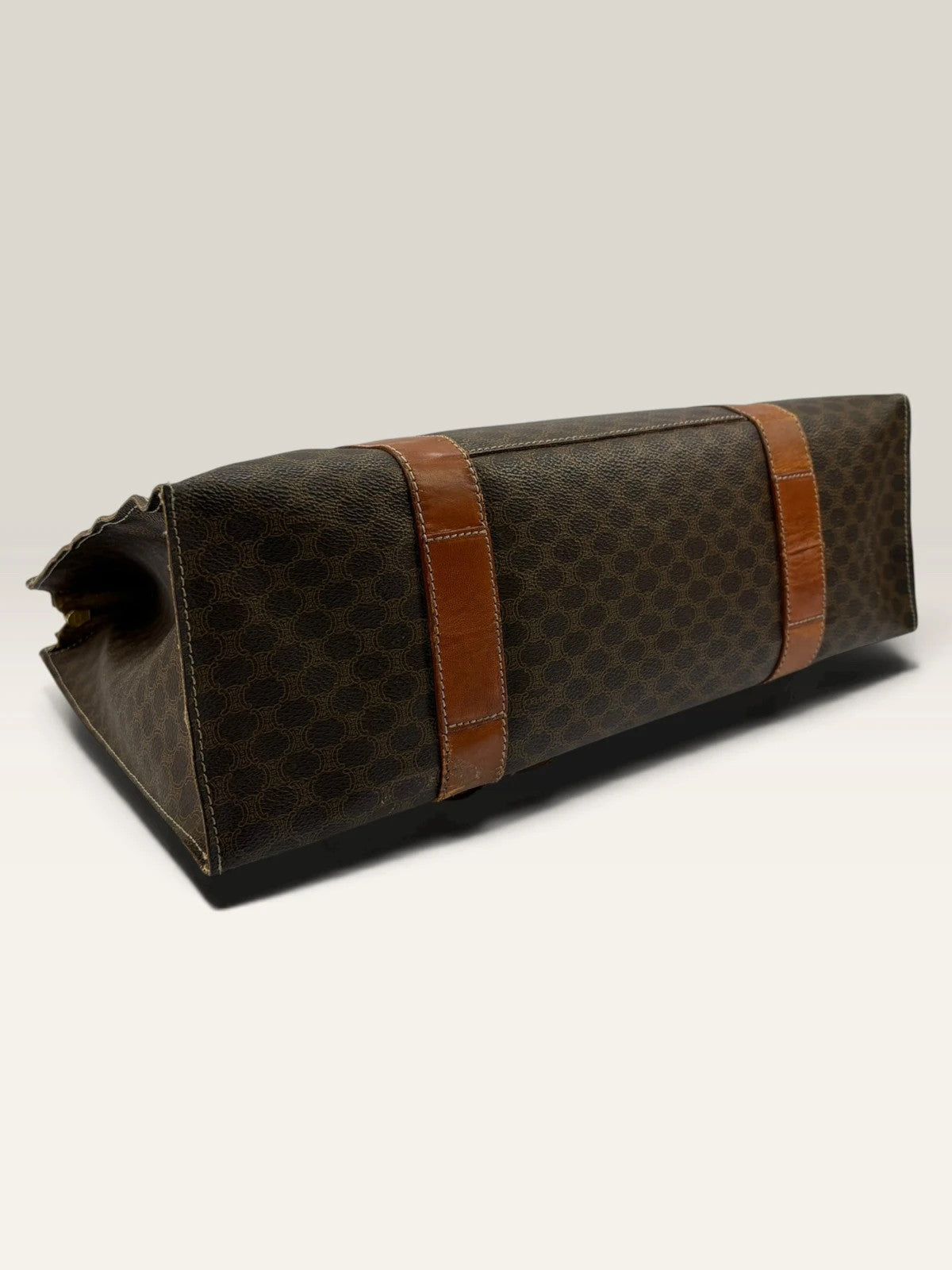 CELINE brown tan tote bag Macadam canvas with Triomphe logo and leather trim