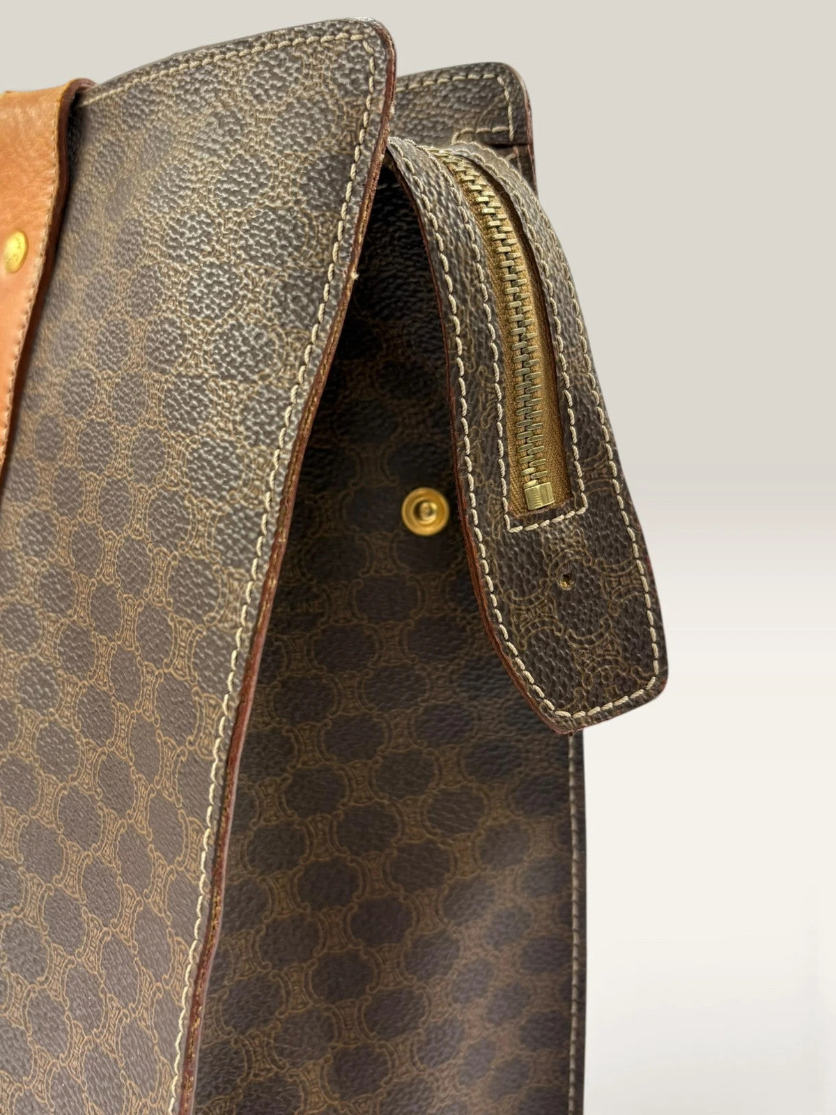 CELINE brown tan tote bag Macadam canvas with Triomphe logo and leather trim