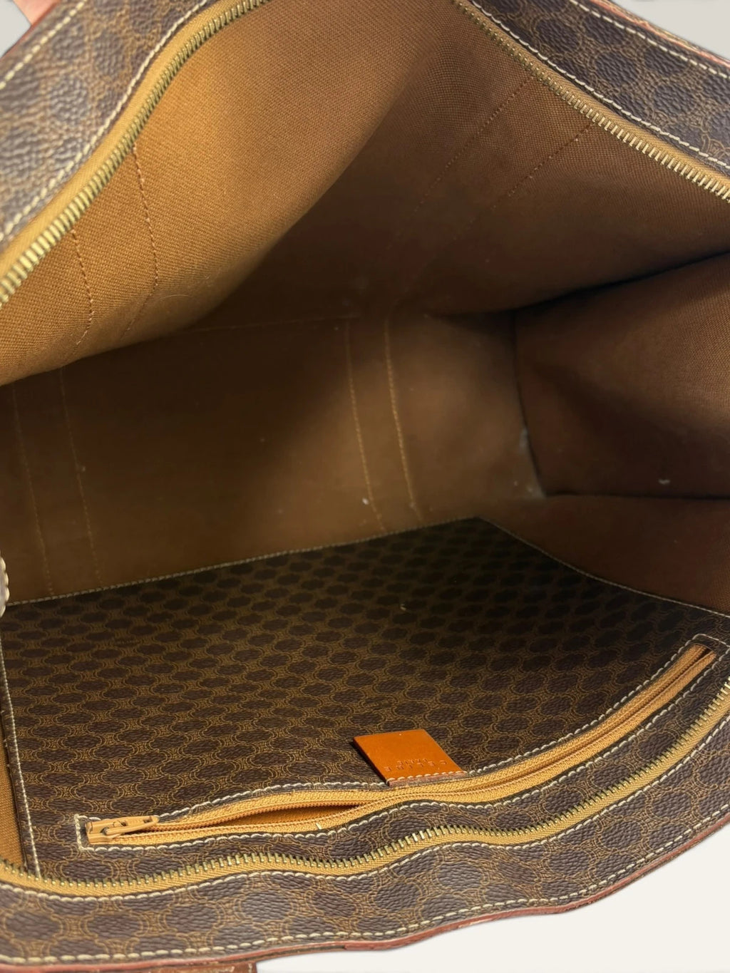 CELINE brown tan tote bag Macadam canvas with Triomphe logo and leather trim